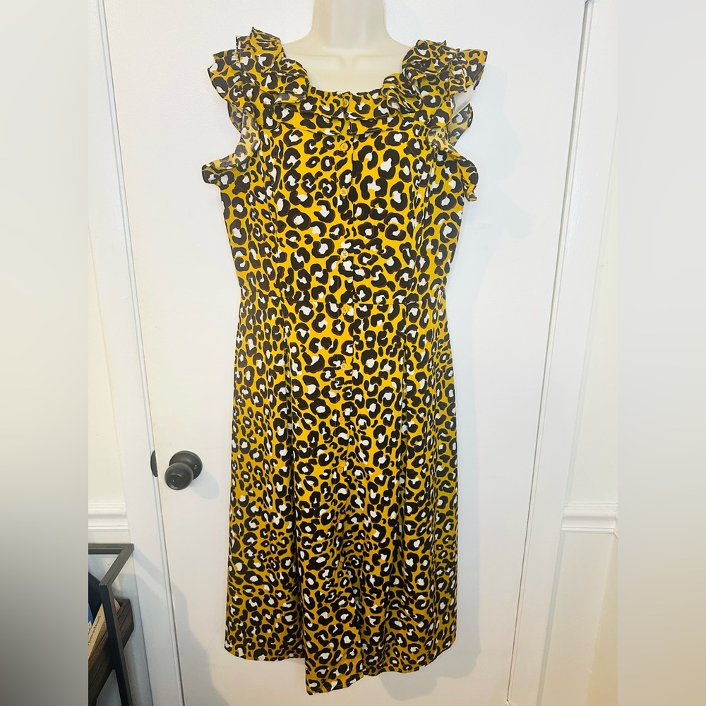 Who What Wear mustard yellow Cheetah Print Sleeveless A-Line midi Dress, Sz M